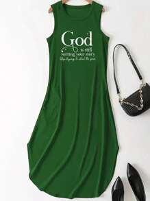 Ärmelloses Rundhals Lässig Tanktop Kleid - mit Buchstaben Aufdruck, geeignet für Sommer und Frühling, Damen - Grün - Übersicht 1