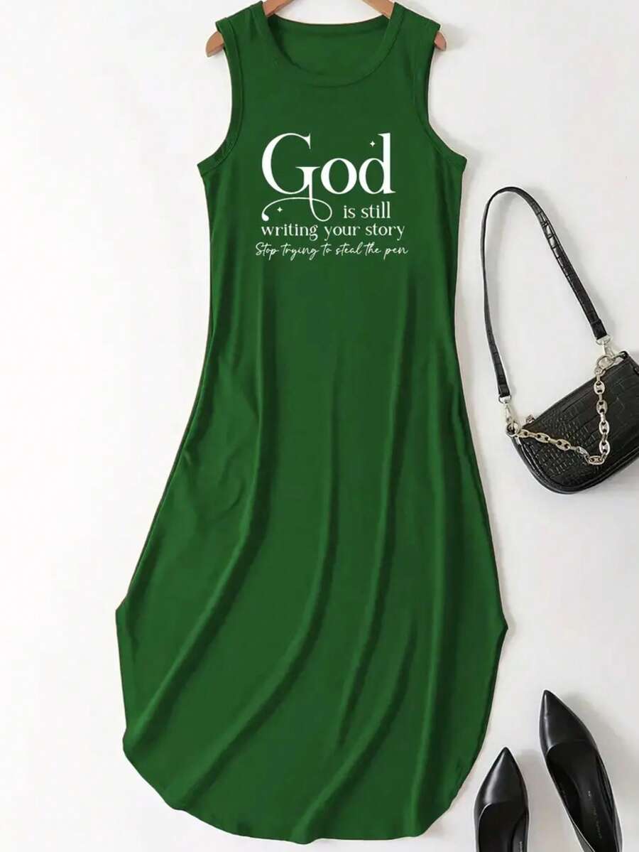 Ärmelloses Rundhals Lässig Tanktop Kleid - mit Buchstaben Aufdruck, geeignet für Sommer und Frühling, Damen - Grün - Übersicht 1
