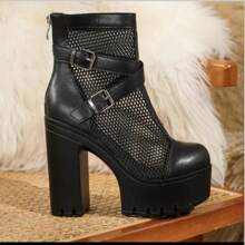 Women's Platform Ankle Boots With Mesh Details And Cross Buckles And Fashionable Chunky Heel - màu đen - Xem 2