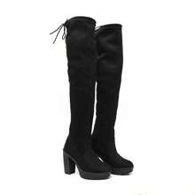 Bota Feminina Over Camurça The Knee Salto Alto Quadrado Grosso- Bota Cano Alto Suede botas feminina elegant