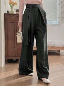 Korean Style Striped Belt With Waist Tie, Versatile Wide Leg Casual Suit Pants, Spring/Summer