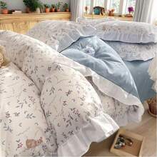 Vclife Queen Comforter Set White Blue Girls Romantic Ruffle Comforter With 2 Pillow Shams Vintage Cozy Bed Comforter Set For All Seasons - Chăn in sợi hóa học - chú thỏ đáng yêu - Xem 4