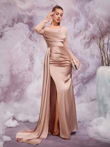 GIFORU Romantic Soft Pink Satin Evening Gown With Beaded Long Sleeves, Elegant Luxury Wedding Guest Dress For Galas, Parties & Formal Occasions, Party Dress - Coral Pink - View 5