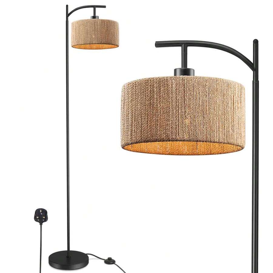 Farmhouse Standing Lamp, Natural Paper String Lampshade Shade, Rustic Standing Floor Lamps With Foot Switch, For Living Room, Bedroom, Office (Bulb Not Include) - UK Plug(220-240V) - View 1