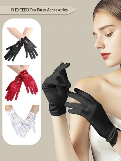 D EXCEED 1/2/4Pcs Bridal Wedding Show He Wedding Yarn Show He Retro Satin Short Chinese Style Dress Evening Short Satin Gloves, Tea Party, Bridal Wedding Gloves Accessories Fall Clothes For Women Valentine's Day Accessories