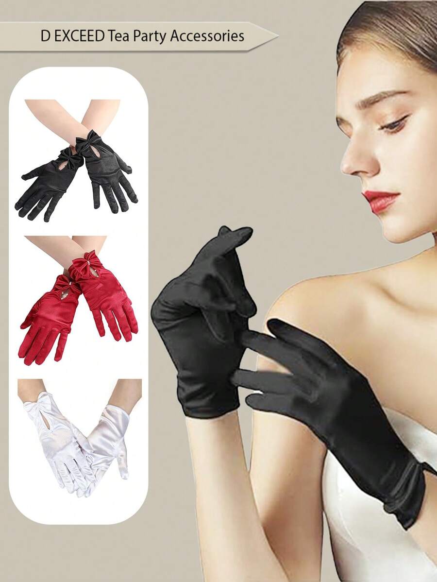 D EXCEED 1/2/4Pcs Bridal Wedding Show He Wedding Yarn Show He Retro Satin Short Chinese Style Dress Evening Short Satin Gloves, Tea Party, Bridal Wedding Gloves Accessories Fall Clothes For Women Valentine's Day Accessories - Satin Wedding Gloves - View 1