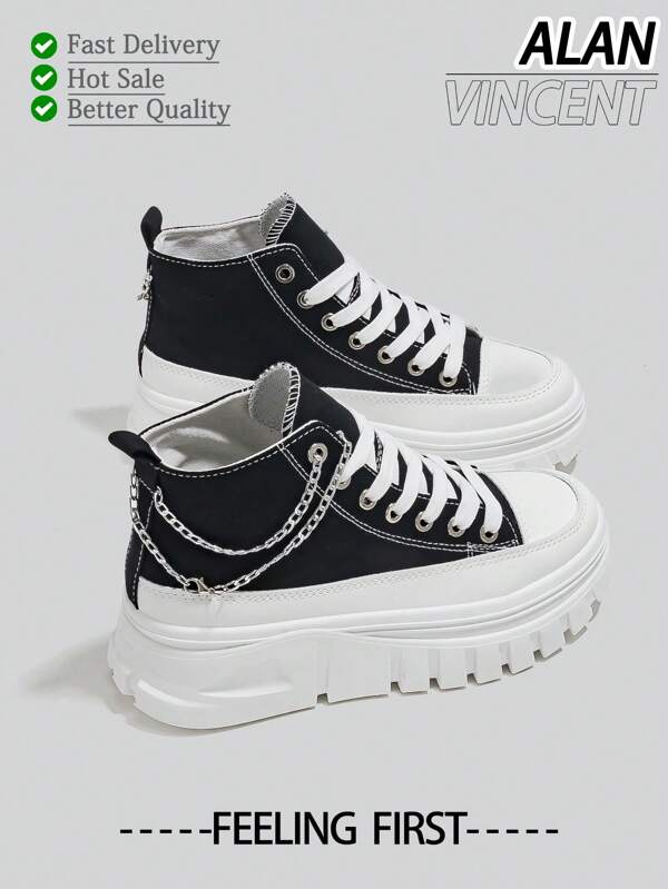 Scarpe da donna estive in tela nera con catena d'argento, nuovo stile 2025, scarpe estetiche eleganti con suola spessa e tacco alto, scarpe da donna stringate, adatte ad essere abbinate a vari pantaloni e vestiti [si consiglia di scegliere una taglia in più]