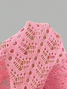 Women's Mid-Length Crew-Neck Hollowed-Out Backless Holiday Slim-Fit Knit Dress With Flared Sleeves Beach Cover Ups Crochet Mesh Bathing Suit Knot Dress Long Sleeve Backless Knitted Up Swimwear Mini Coverups Vacation Outfit, Spring Summer Fall - Pink - View 11