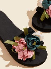 New Design Flower Decor Slide Sandals For Women, Summer Strap Chunky Heel Fashion Outdoor Slippers, Non-Slip Beach Vacation Sandals, House Slippers