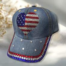 Patriotic Baseball Caps For Women Sparkle Rhinestone Heart Trucker Hats Adjustable Dad Hats Presents - Blue - View 5