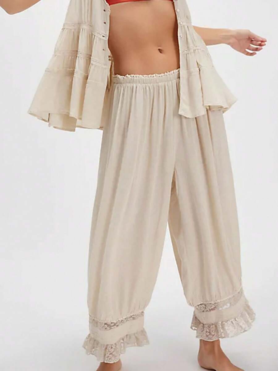 Women's Cropped Pants Casual Thin Stylish Solid Lace Trim Loose Fit Wide Leg Loose Trousers - Apricot - View 1