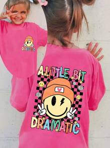 Camiseta de manga corta con cuello redondo y estampado gráfico y de eslogan para niñas, camiseta casual para primavera/verano - Rosa Fucsia - Ver 3