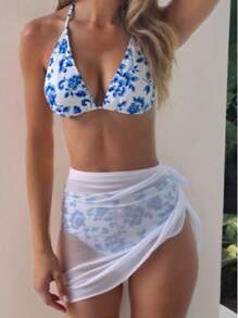 Swim Mod Summer Beach 3 Packs Drawstring Floral Print Bikini Set And Beach Skirt Concert Outfit Womenconcert  - Blue - View 6