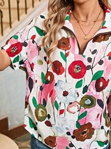 Boho Retro Rose Red Vintage Viscose 90's Khaki Beige Apricot Ruffle V Neck Half Sleeve Loose Top Shirt Blouse - 紅色 - 查看 2