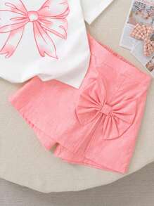 Set de 2 piezas con top de manga corta blanco con estampado de mariposa y pantalón corto falda rosa para niña joven, estilo casual y elegante, apropiado para salidas y vacaciones, para verano