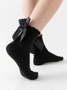 1 Pair Lolita Princess Style Large Ruffle Bow Mid-Calf Socks, Sweet And Cute - Black - View 2