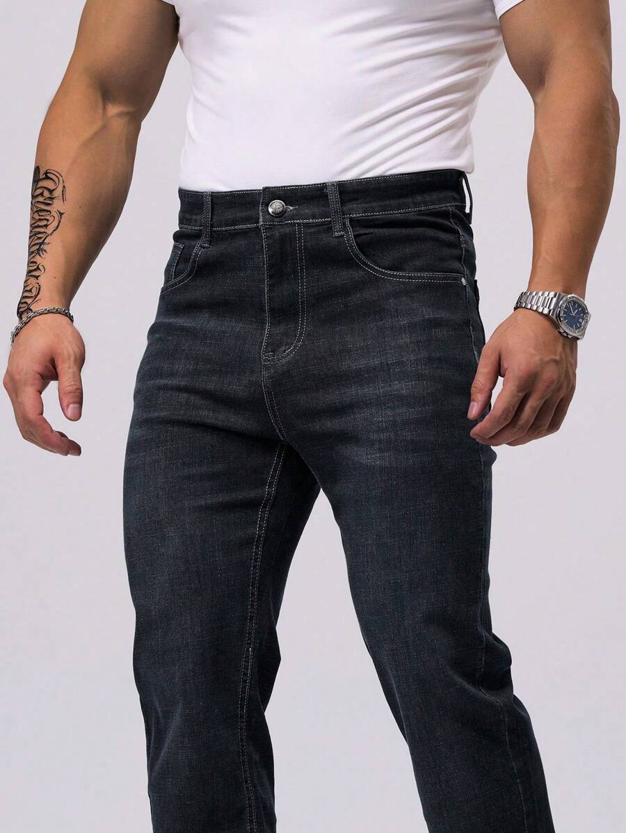 Straight Leg Stretch Jeans For Daily Wear, Made Of Washed Cotton Denim - Black - View 1