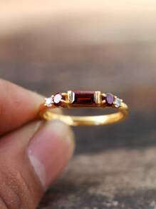 1pc 18K Gold Plated Creative Charm Red Cubic Zirconia Minimalist Stacking Ring, 925 Sterling Silver Asymmetrical Stackable Rings For Women, Chic Gift For Her, Everyday Wear