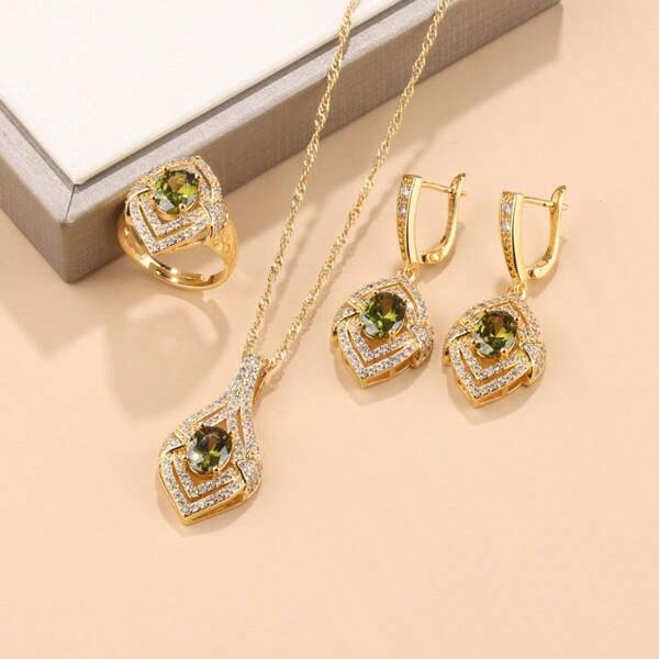 Middle East 18K Gold Plated Colorful Cubic Zirconia Fashion Party Luxury Quality Wedding Bridal Elegant Jewelry Sets For Women Necklace Pendant Earrings Ring 4-Piece Sets Gift