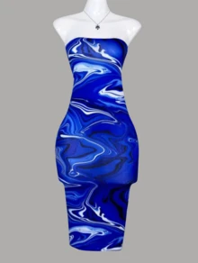 Vestido marmoleado de tubo ajustado de dama sexy y cómodo amolda al cuerpo tela ligera - Azul - Ver 1