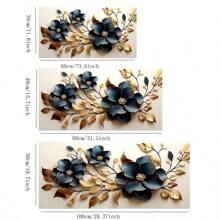 1 pieza Arte en lienzo sin marco - Diseño floral moderno azul y dorado, decoración de pared elegante para sala de estar y dormitorio, decoración de habitación