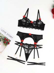 女士性感内衣套装聚拢吊袜带带钢托胸罩花朵蕾丝 3 件套 - 黑色 - 查看 5