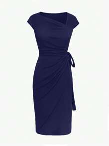 Women's Asymmetric Neckline Ruffle Cap Sleeve Vintage Wrap Dress