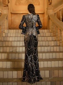 Black Long Elegant Luxury Sequin Dress, Modest
