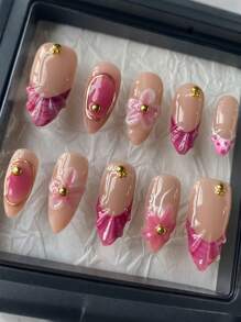 10 件裸色杏仁形手工按压指甲，简约温柔风格，3D 捏花，金钢珠和珍珠，镀金铬，可拆卸和重复使用，适合女孩和女士日常、节日、派对指甲装饰，带果冻胶和指甲锉指甲用品
