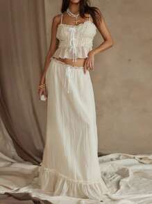 Women Y2k 2 Piece Outfits Front Tie-Up Camisoles And Ruched Ruffle Maxi Skirt Matching Set Beachwear - Beige - View 1