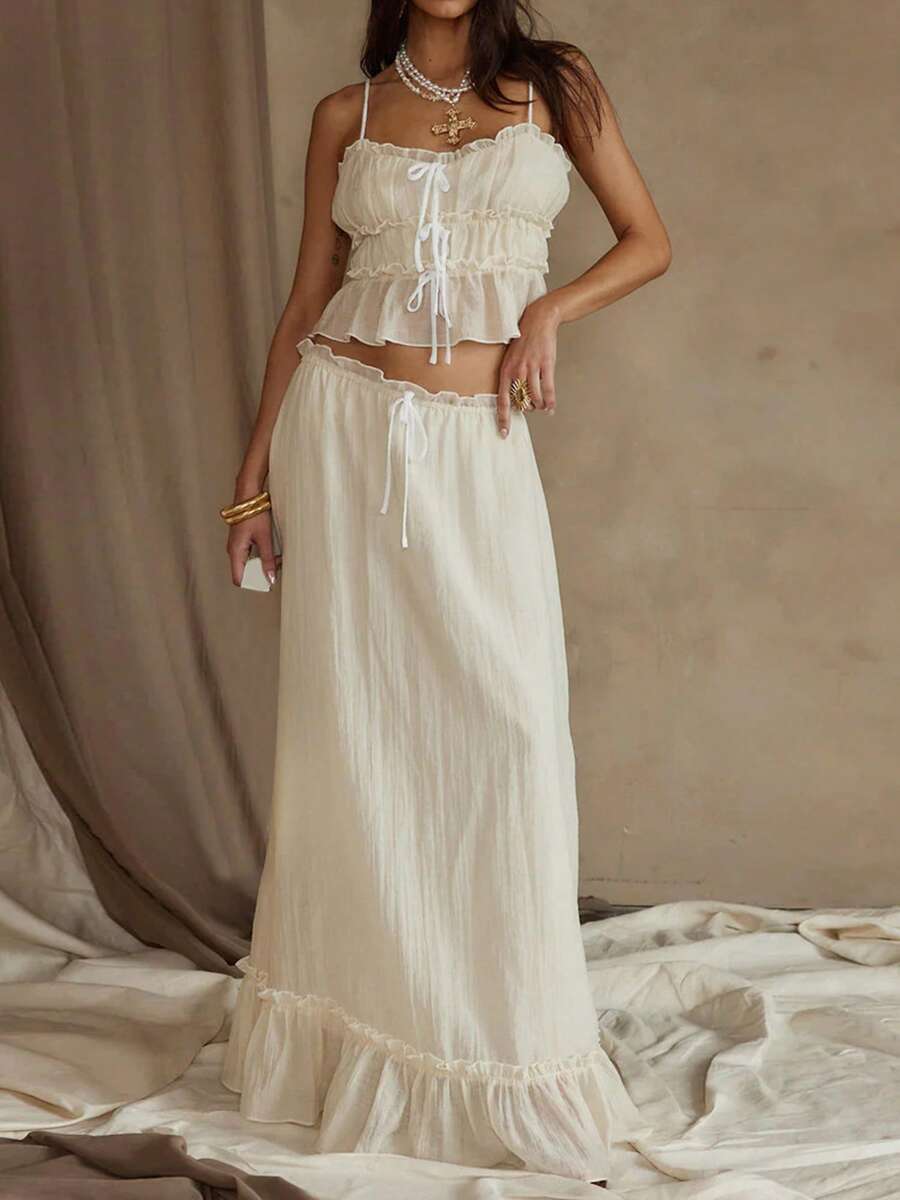 Women Y2k 2 Piece Outfits Front Tie-Up Camisoles And Ruched Ruffle Maxi Skirt Matching Set Beachwear - Beige - View 1
