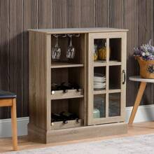 Wine Bar Cabinet, With 6-Bottle Wine Rack And Stemware Racks, Small Sideboard Buffet Cabinet With Sliding Glass Door And Storage Shelves For Kitchen, Brown