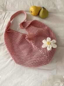 Hollow Woven Straw Bag, Bohemian Style Beach Tote Bag, Hollow Woven Tote Bag, Large Capacity Shopping Beach Bag, Fashion Hollow Woven Straw Bag, Beach Tote Bag, Bohemian Style Beach Bag, Casual Hollow Woven Tote Bag, Vacation - Pink - View 5