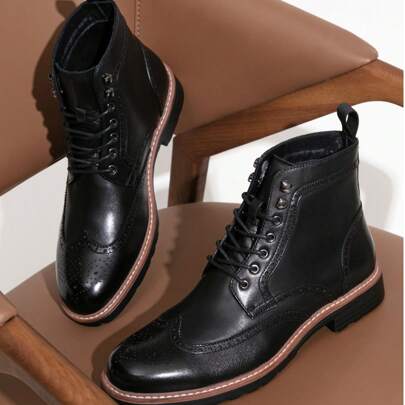 SHOESMORE Men's Leather Black Dress Boots Premium  Wingtip Formal Casual Dress Boots For Men