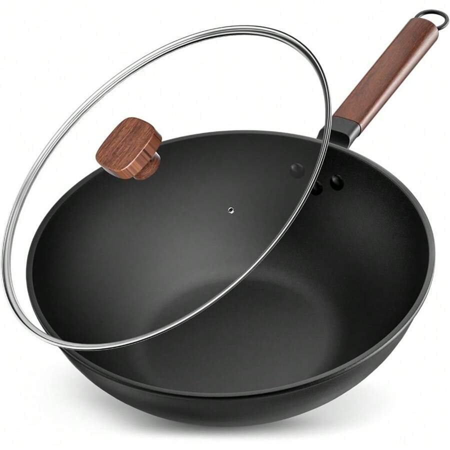 33cm/5.6L Non Stick Wok With Lid Carbon Steel Frying Pan No Chemical Coated And Large Capacity For Cook Asian Dishes For 4-6 People, Ideal For Induction, Gas, All Hobs - default - View 1