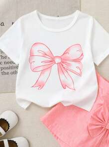 Set de 2 piezas con top de manga corta blanco con estampado de mariposa y pantalón corto falda rosa para niña joven, estilo casual y elegante, apropiado para salidas y vacaciones, para verano