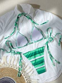 新款女士两件套泳衣，时尚露背比基尼套装，碎花图案，金属配饰，泳装