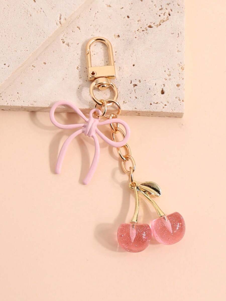 1 pieza Llavero de metal con lazo de cereza para mujer, accesorio de lazo de moda, estilo minimalista tipo Ins, colgante de bolso, perfecto para vacaciones en la playa, estilo Y2K, lazos de verano - Rosa - Ver 1