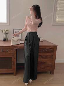 Korean Style Striped Belt With Waist Tie, Versatile Wide Leg Casual Suit Pants, Spring/Summer
