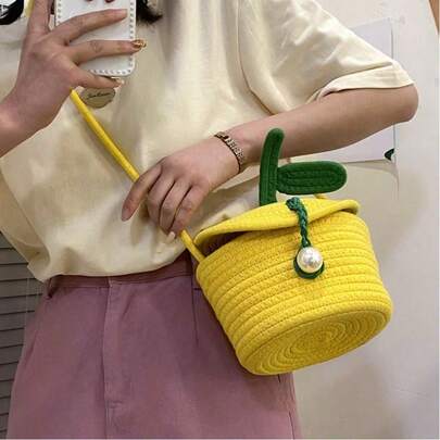Yellow Lemongrass Woven Bucket Bag, Fashionable Beach Crossbody Woven Small Bag, Beach Storage Bag