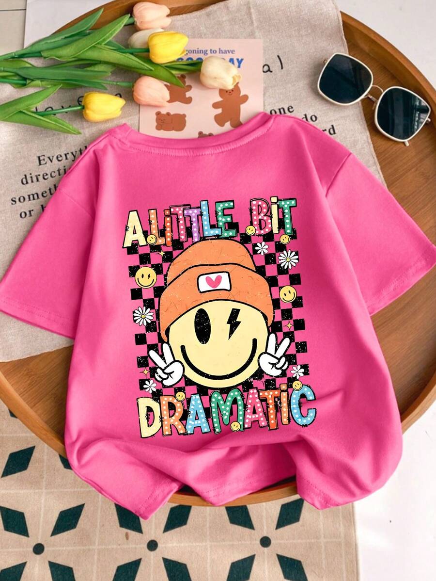 Camiseta de manga corta con cuello redondo y estampado gráfico y de eslogan para niñas, camiseta casual para primavera/verano - Rosa Fucsia - Ver 1