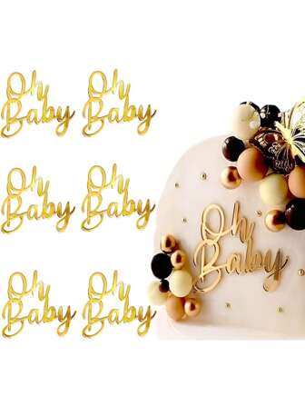 6 件 Oh BABY 蛋糕装饰，镜面金色亚克力蛋糕装饰，适用于婴儿洗礼生日派对装饰、烘焙用品。