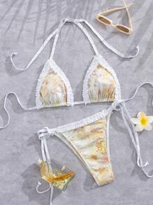 Sexy Random Print Fly Edge Design Bikini Swimsuit, Split Swimwear For Beach Holiday In Summer - White - View 1