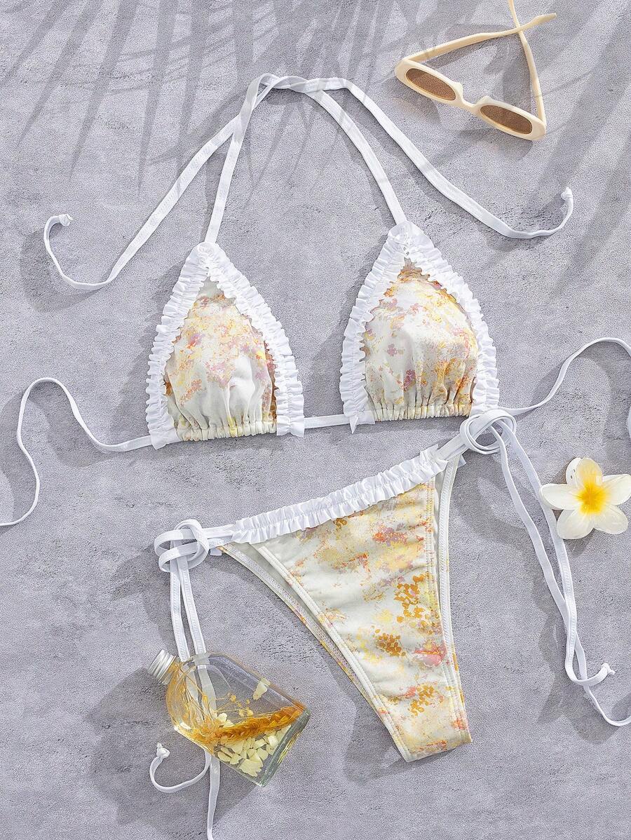 Sexy Random Print Fly Edge Design Bikini Swimsuit, Split Swimwear For Beach Holiday In Summer - White - View 1