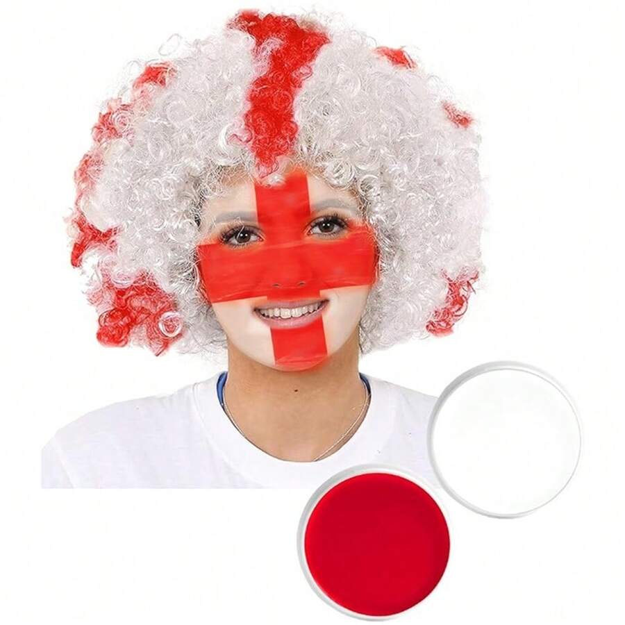 England Supporters Set – Red & White Afro Wig & Face Paint For Football & National Events
