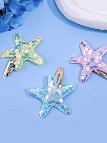 6 件海星发夹，闪光海星发夹海星发饰亮片按扣发夹海滩海星发夹适合女孩（粉色、蓝色、黄色）