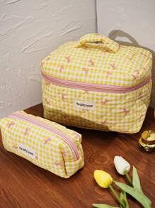 1 Stück gelbe karierte Schleife Kosmetiktasche, süße Blumen, modisch lässige Reise Kosmetiktasche, multifunktional, tragbare Kosmetiktasche, große Reißverschlussöffnung, geeignet für Kosmetika, Lippenstifte, Schmuck, Taschentücher, Damenbinden, auch als Geschenk für Frauen, Mädchen, Reisende, Geburtstage, Schlafsäle und Mädchen