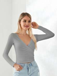 Women Ballet Wrap Top V Neck Solid Long Sleeve Self Tie Dance Shirt Pilates Yoga Tops Y2k Workout Active Blouses Clubwear For Daily Party - 淺灰色 - 查看 5