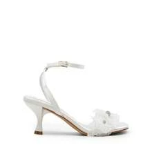 Women Kitten Heeled Sandals With Flower Decor, Elegant Square Open Toe Ankle Strap Summer Sandals For Wedding Party Daily Wearing - 白緞 - 查看 5