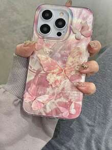 1 件 IMD 优质铝箔纹理手机壳/粉色蝴蝶手机壳，兼容 iPhone 16/16 Pro/16 Pro Max/15 Pro Max/15/14 Pro Max/14/13/12/11